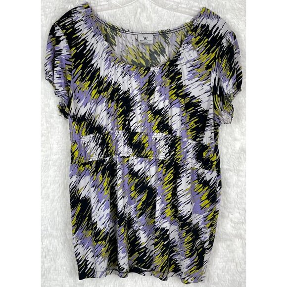 Worthington Womens Large Purple Black Yellow White ZigZag Elastic Short Sleeve - Picture 1 of 6